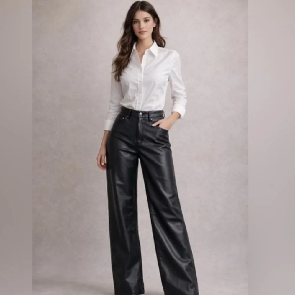 H&M - Black Vegan Leather Wide Leg Belted Pant